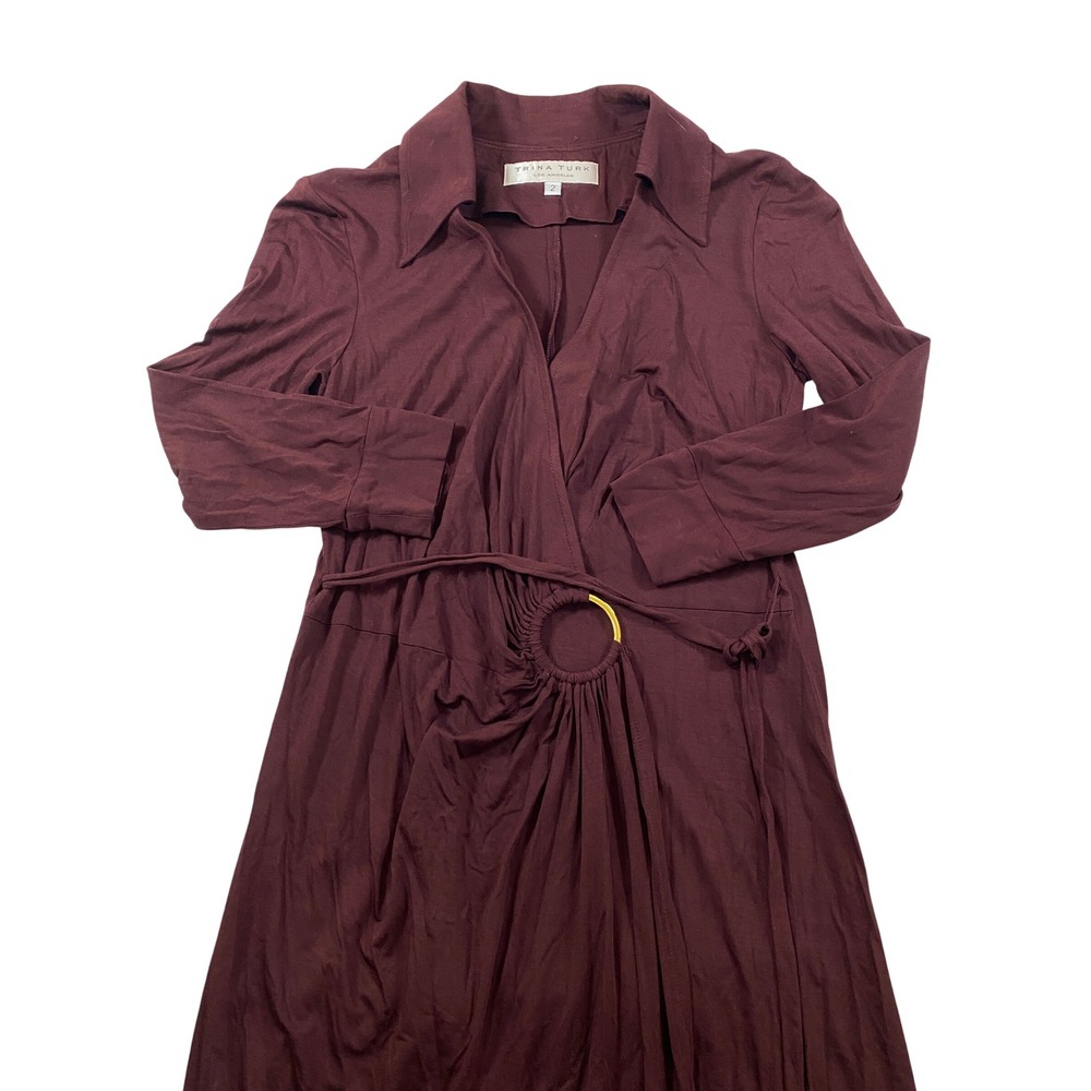 Trina Turk Burgundy Faux Wrap Midi Dress Gold O-Ring Detail Size 2 Wine